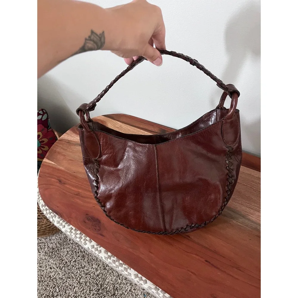 Vintage Mahogany Leather Whipstitch Rose Embossed Hobo Bag Crescent Shoulder Bag